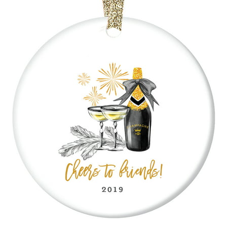 Cheers to Friends! Best Friend Christmas Ornament 2019, Champagne Toast to Favorite Gals Ladies BFF Bestie Gift Present Ceramic Present 3