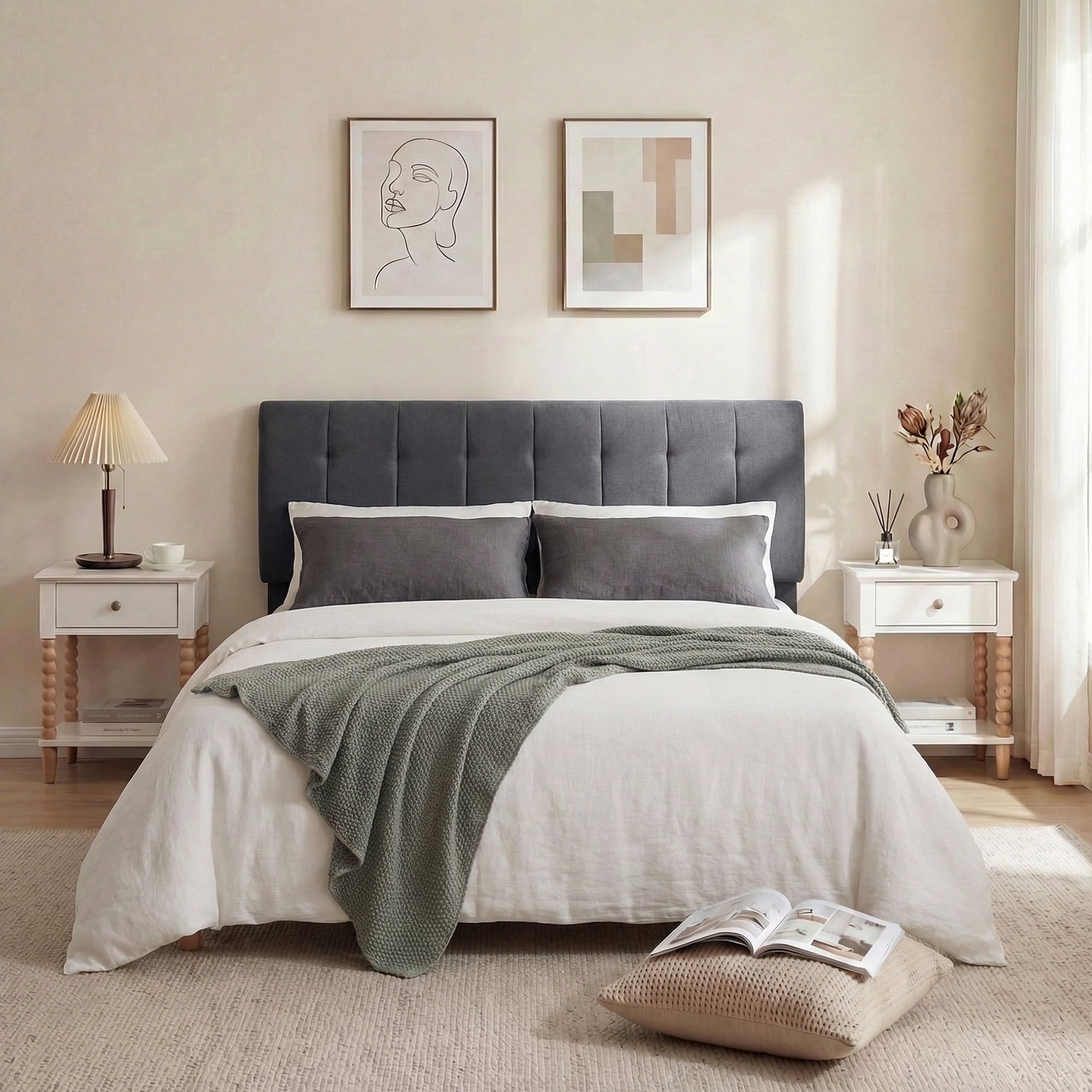 Home Modern Upholstered Headboard for Queen Beds,Stick on Headboard with Side Storage Bag, Headboard with Queen Size Memory Foam Head Board for Bedroom, Dark Grey,Linen