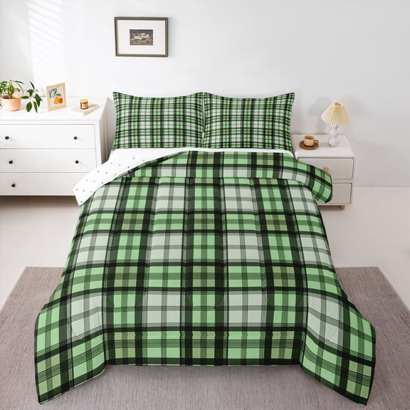 Homewish Chic Square Abstract Bedding Comforter Set for Adult, Green Checkered Twin Comforter Sets, Modern Buffalo Plaid Reversible Bedding Set, Luxury Bedroom Decor, 2 Pieces