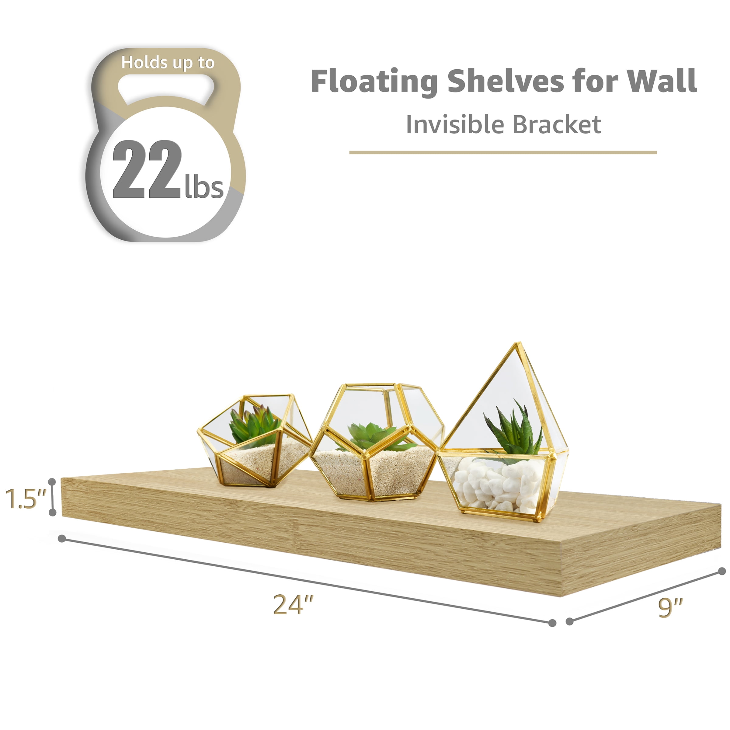 Sorbus Wall Mounted Floating Shelves for Wall Décor - Large 24 Inch, 3 Pack, Maple Wood
