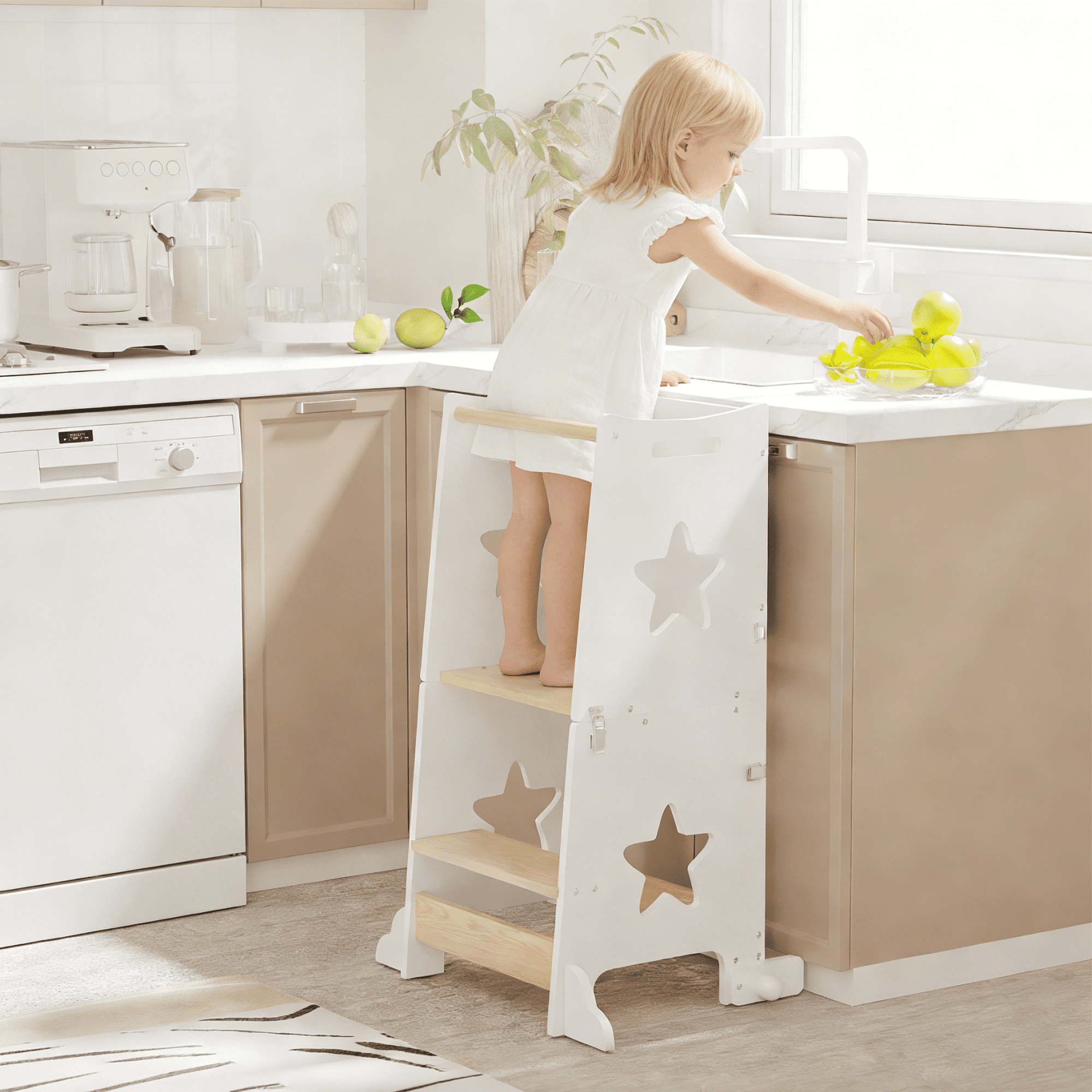 3 in 1 Toddler Kitchen Step Stool, Foldable Learning Standing Tower with Blackboard, Wooden Kitchen Stool Helper for Kids, 1-3 Year Old Boy Girl Gifts