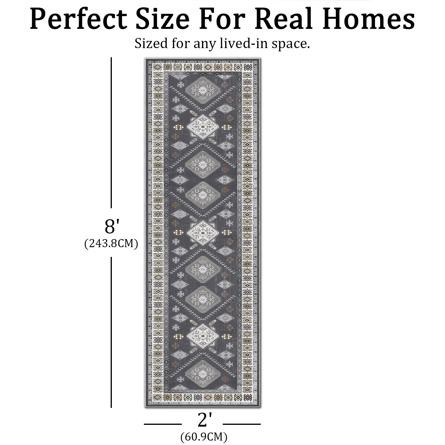 TECHVIDA 2'x8' Hallway Runner Rug Boho,Non Slip Machine Washable Rugs for Hallway Kitchen,Dark Grey