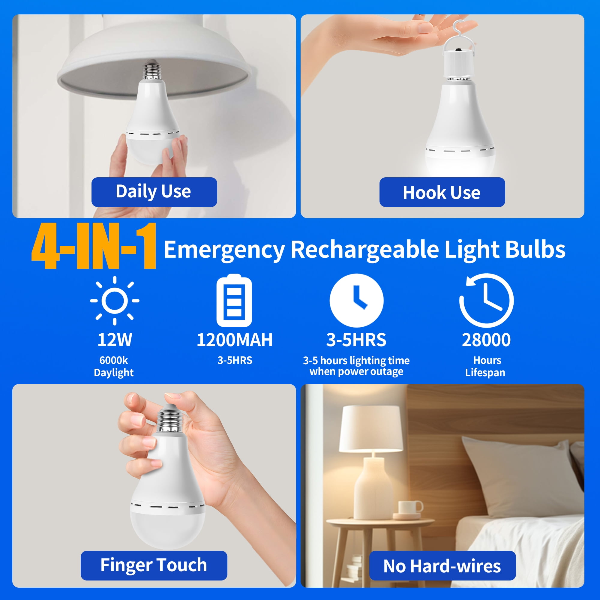 Rechargeable Emergency Light Bulbs, Battery Powered LED Light Bulb 6500K Daylight E26 12W 70W Equivalent with 1200mAh for Home Power Outage Camping Hurricane, 6 Pack