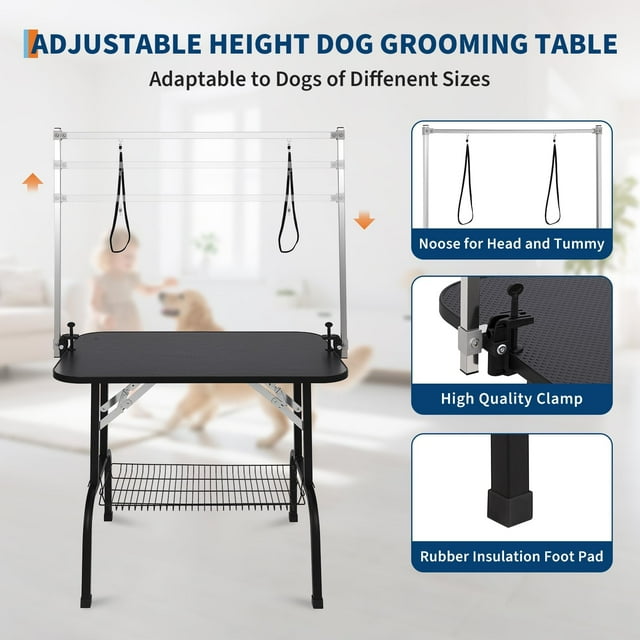 EDTara ExploreHorizon Table de Toilettage Professionnel pour Chien 36 Pouces/46 Pouces avec Bras Ajustables - Capacité Statique de 330 Lb / Station de Toilettage Portable avec Nœuds Papillon, Plateau en Maille / pour Petits/grands Chiens