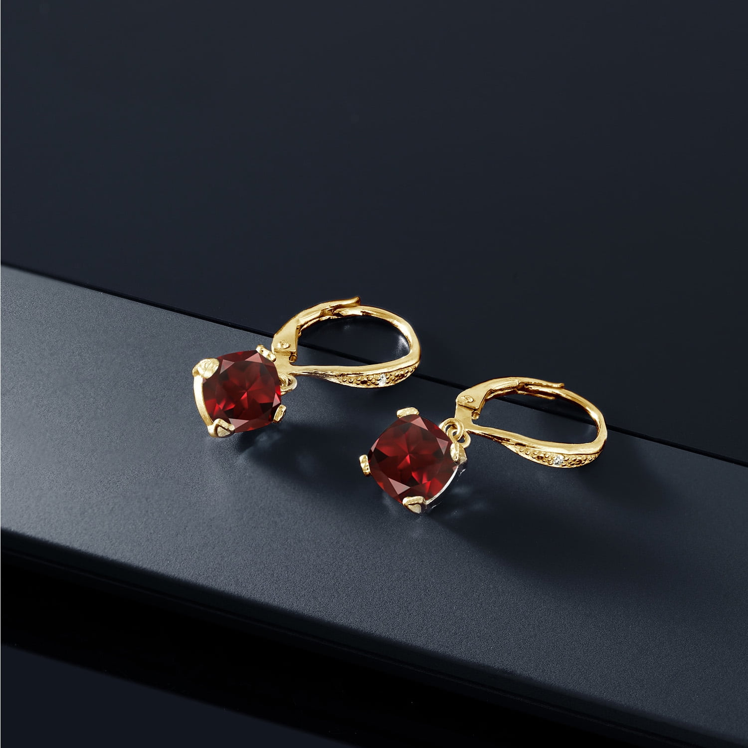 Gem Stone King 18K Yellow Gold Plated Silver Red Garnet and White Diamond Earrings for Women (3.71 Cttw, Gemstone January Birthstone, Cushion 7MM)