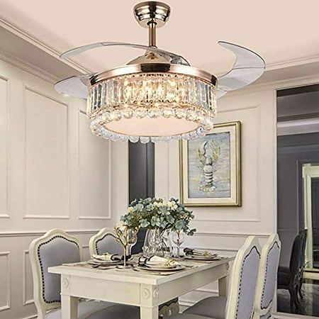 

WUZSTAR 42 Inch Gold Crystal Ceiling Fan Light Dimmable Modern Retractable Fan Chandelier Lamp