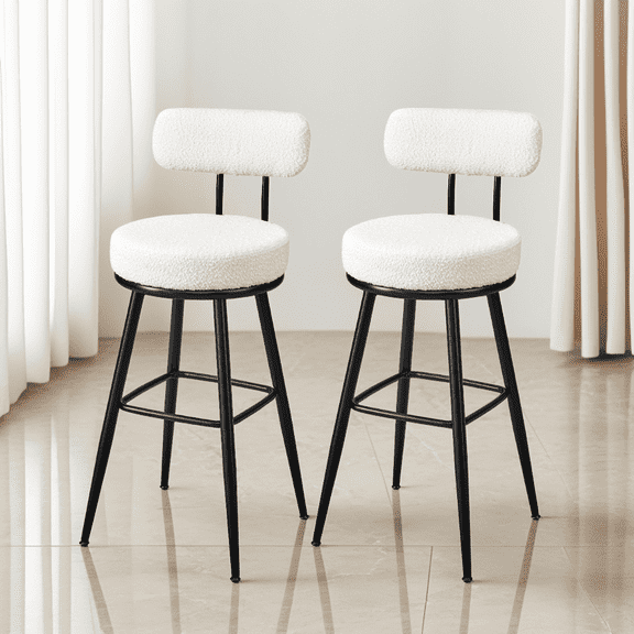 LEDREM Set of 2 Swivel Bar Stools with Back, Bar Height Boucle Fabric Stools, 30.1-Inch Tall Modern Kitchen Stools, Cloud White