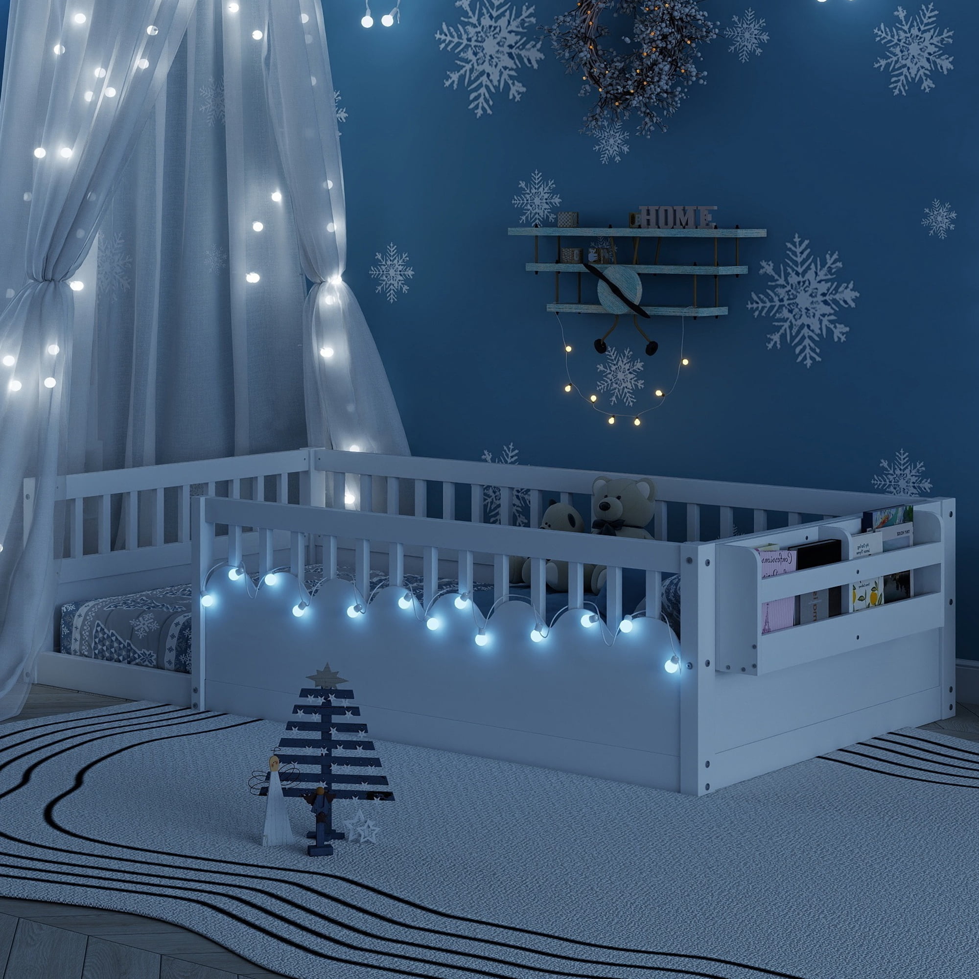 Montessori Floor Bed with High Rails, LED Lights & Storage Shelf, Safe & Wider Opening Gate Design, Twin Size Floor Bed for Boys & Girls, White