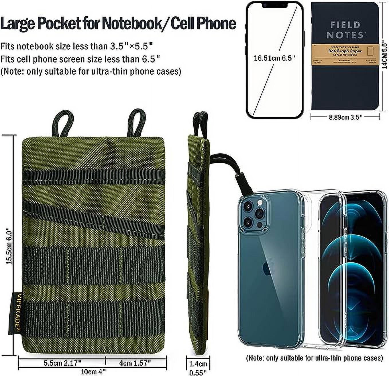 VIPERADE VE3 Tool Pouch Pocket Organizer, Nylon Tool Belt Loop Pouch with 4 Pockets Tool Storage EDC Pouch for Flashlight/Pocket Knife, Tactical Pen, Notebook (Green)