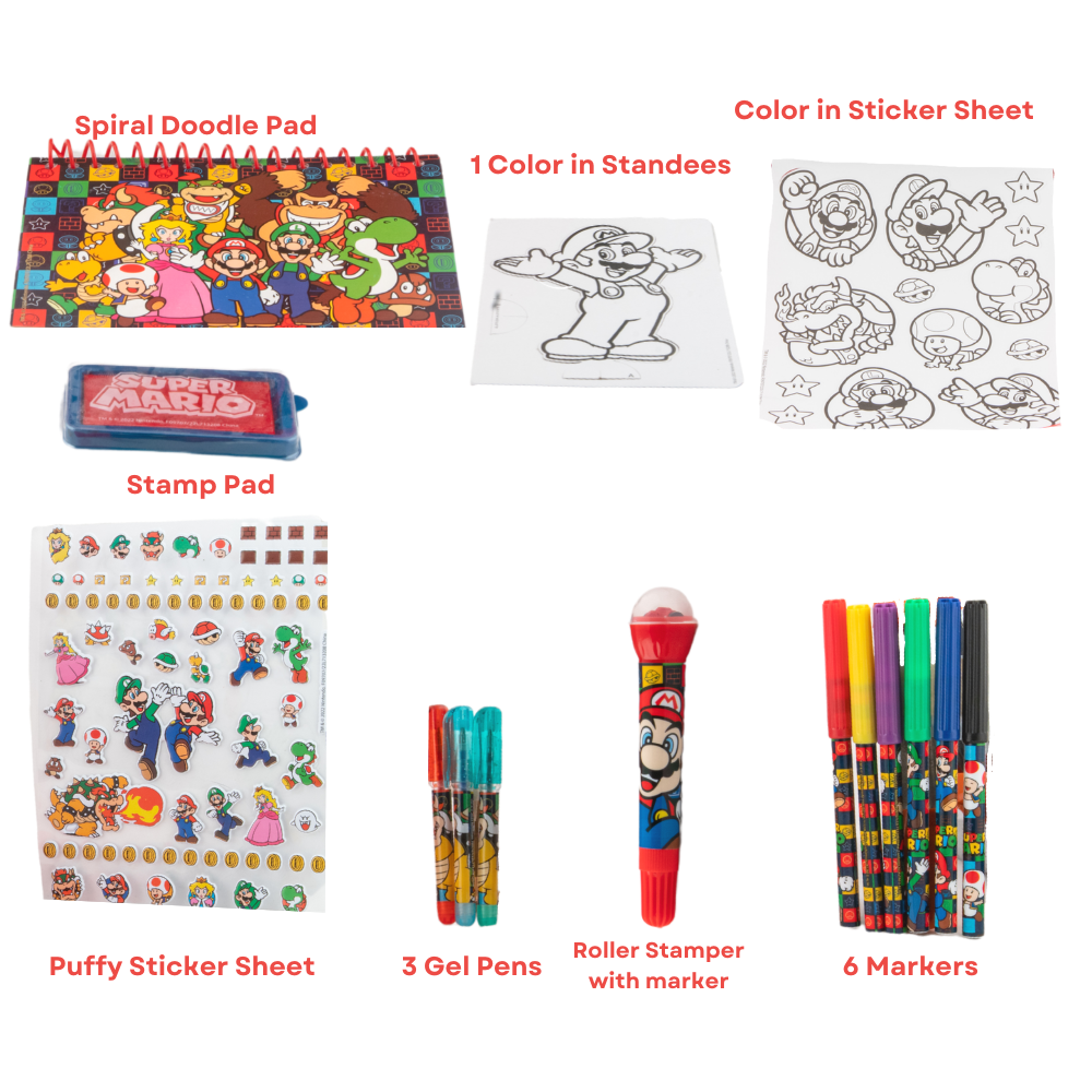 Super Mario Kids Art Supplies Gel Pens Markers Stickers with Hard Travel Carry Case