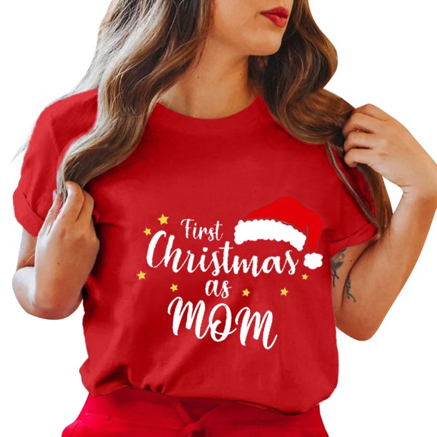 Gibobby Tops navideños para Mujer Camiseta de manga corta con cuello redondo y estampado de Navidad para mujer(Rojo,M)
