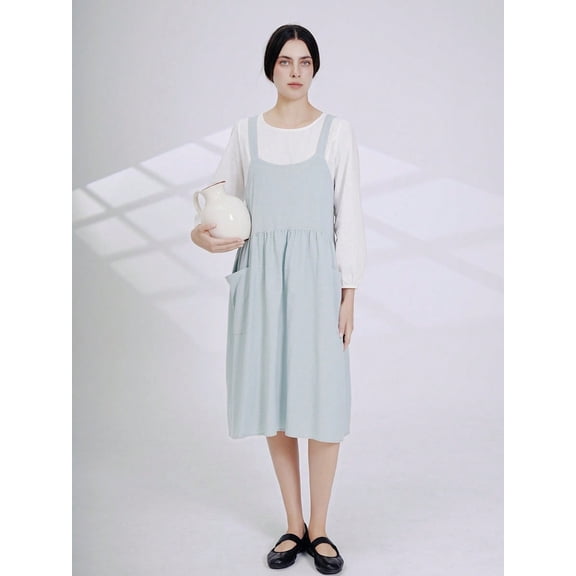 1PC Plain Casual Style Large Size Apron with 2 Pockets, Pleat Pullover Anti-Fouling Smock for Kitchen Work