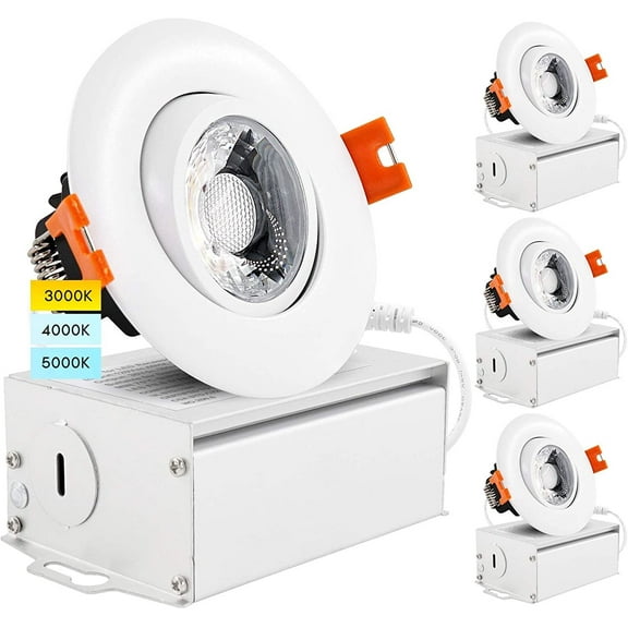 Luxrite 3 inch Adjustable LED Gimbal Recessed Light with J-Box 3 Color Selectable 8W=50W 600lm Dimmable Damp Rated 4-Pack