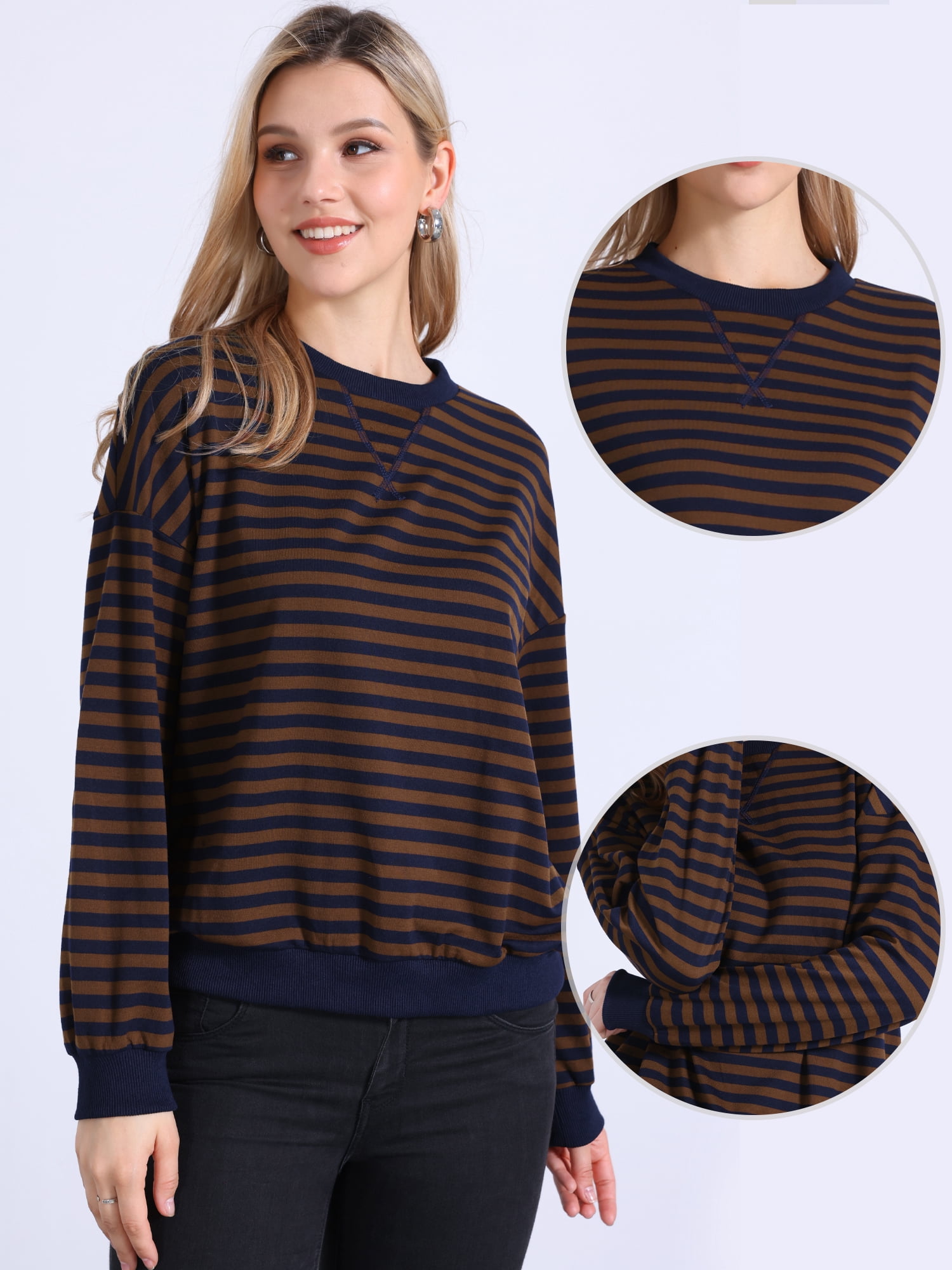 DARING DIVA Women's Crew Neck Striped Long Sleeve Sweatshirt M Brown