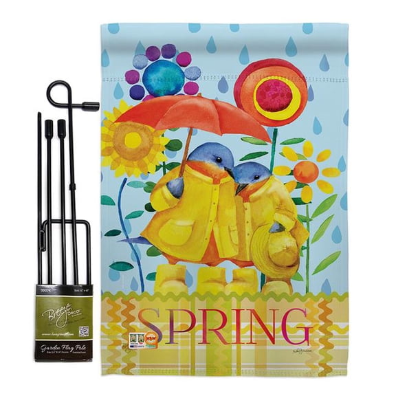 Breeze Decor BD-BI-GS-105059-IP-BO-D-US18-BT 13 x 18.5 in. Rainy Day Bluebirds Garden Friends Birds Impressions Decorative Vertical Double Sided Flag Set with Banner Pole
