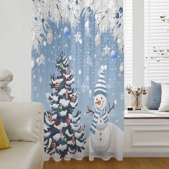 Blue Christmas Semi Sheer Curtains Drapes for Living Room,Bedroom,French Doors Window 96 Inches Long,Snowman Xmas Tree Snowflake Ball Winter Rod Pocket Chiffon Curtain Drapery Voile Draperies Panel