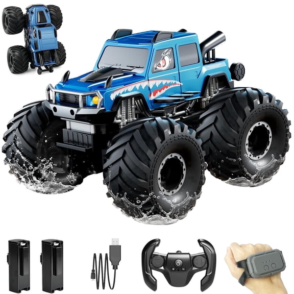 YSZZYSM Gesture Sensing Amphibious Remote Control Car, 1:16 Waterproof Monster Truck with 2 Rechargeable Batteries, 4WD All-Terrain RC Vehicle for Boys Ages 4-12,Blue