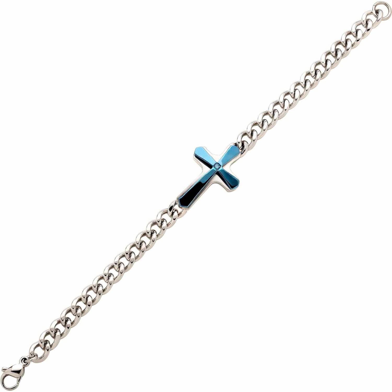 Brilliance Fine Jewelry Stainless Steel Men's Blue Cubic Zirconia with Blue Plate Cross Bracelet, 8.5"