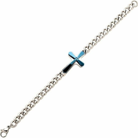 Brilliance Fine Jewelry Stainless Steel Mens Blue Cubic Zirconia with Blue Plate Cross Bracelet, 8.5u0022