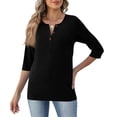 thumbnail image 5 of Qwertyu Womens Tops 3/4 Length Sleeve V Neck Loose Casual Button T Shirts Summer Basic Tees Black S, 5 of 5