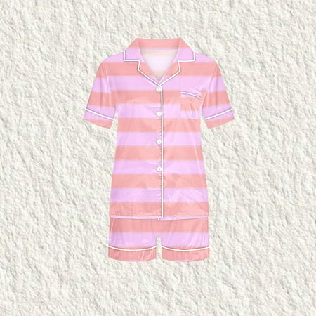 

Elvqul Sleepwear for Kids Boys Clearance Silk Baby Pink Button Front Collared Shorts Striped 2-Piece Pajamas