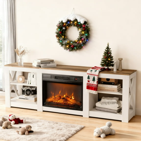 Ktaxon 70" TV Stand with Electric Fireplace Heating, Rustic Entertainment Center with Mantel for 60/65/70/75" TVs, Storage TV Console Media Cabinet, Washed White and Brown Tabletop