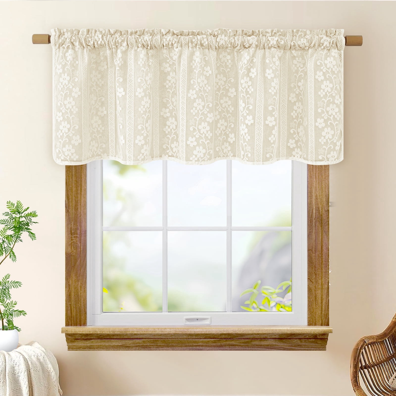 Alishomtll Beige Linen Lace Sheer Double Layer Light Filtering Valance Curtains , Rod Pocket,52 x 18 in