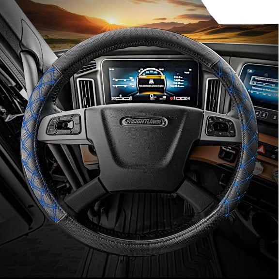 18" Truck Semi Steering Wheel Cover / Black Faux Leather / Blue Accent Stitching