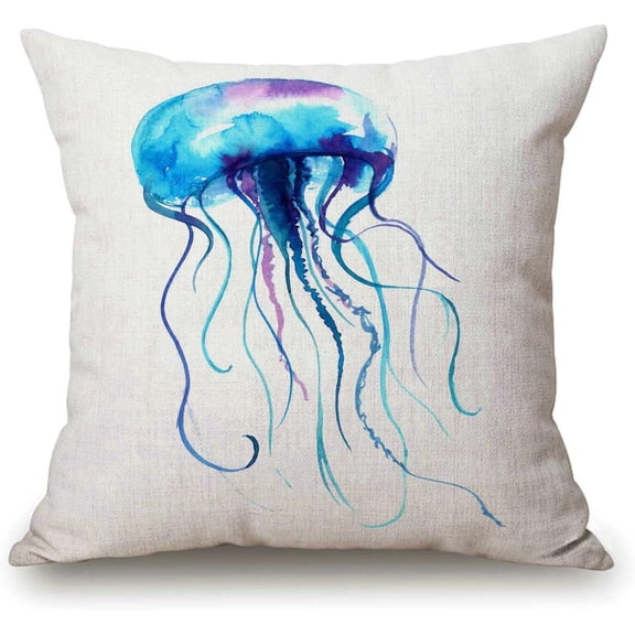 Decorative Pillow Cover 18 x 18, Jellyfish Watercolor Decor Flower Throw Pillow Covers Linen Cushion Case for Living Room Couch Sofa Patio Outdoor Home Decor