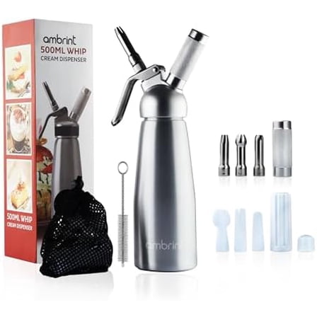 Whipped Cream Dispenser-Heavy-Duty Aluminium Canister with 6 Decorating Nozzles (Stainless Steel & Plastic), Cleaning Brush & Storage Bag–Premium Whip Maker for Homemade Desserts