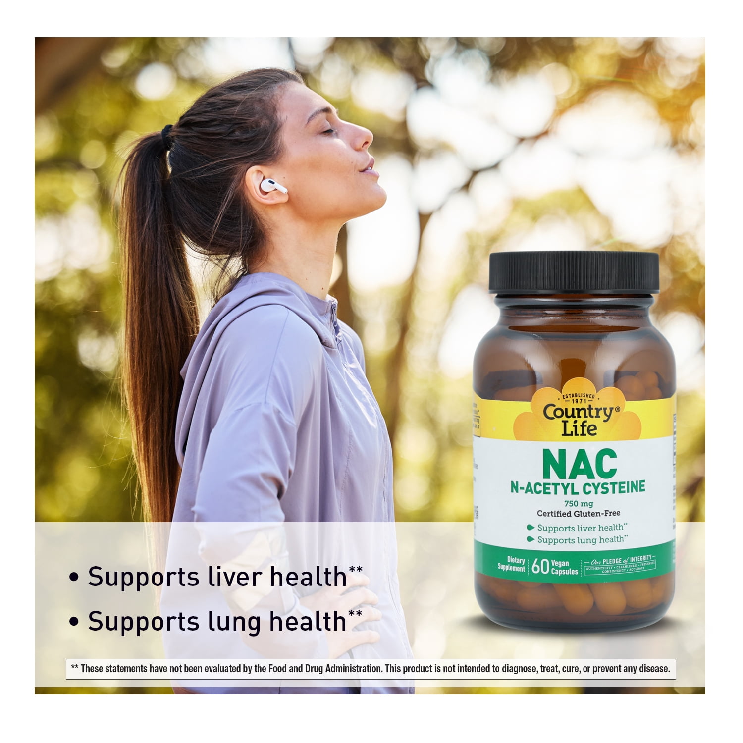 Country Life N-Acetyl Cysteine (NAC) 750 mg – Premium Liver Support and Lung Health Supplement – Powerful Antioxidant Protection, Liver Detox & Cleanse, Immune Support, 60 Vegetarian Capsules
