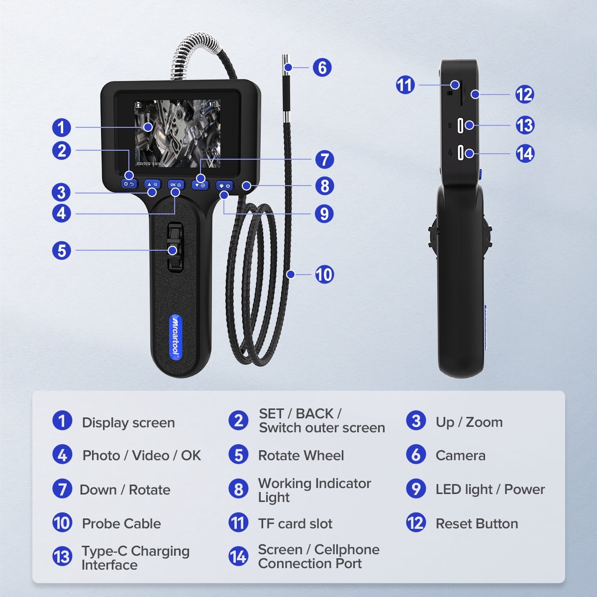 MRCARTOOL N100 Two-Way Articulating Borescope with Light, 2600mAh Battery, 0.24in Probe, IP67 Waterproof Inspection Camera for Automotive Engine
