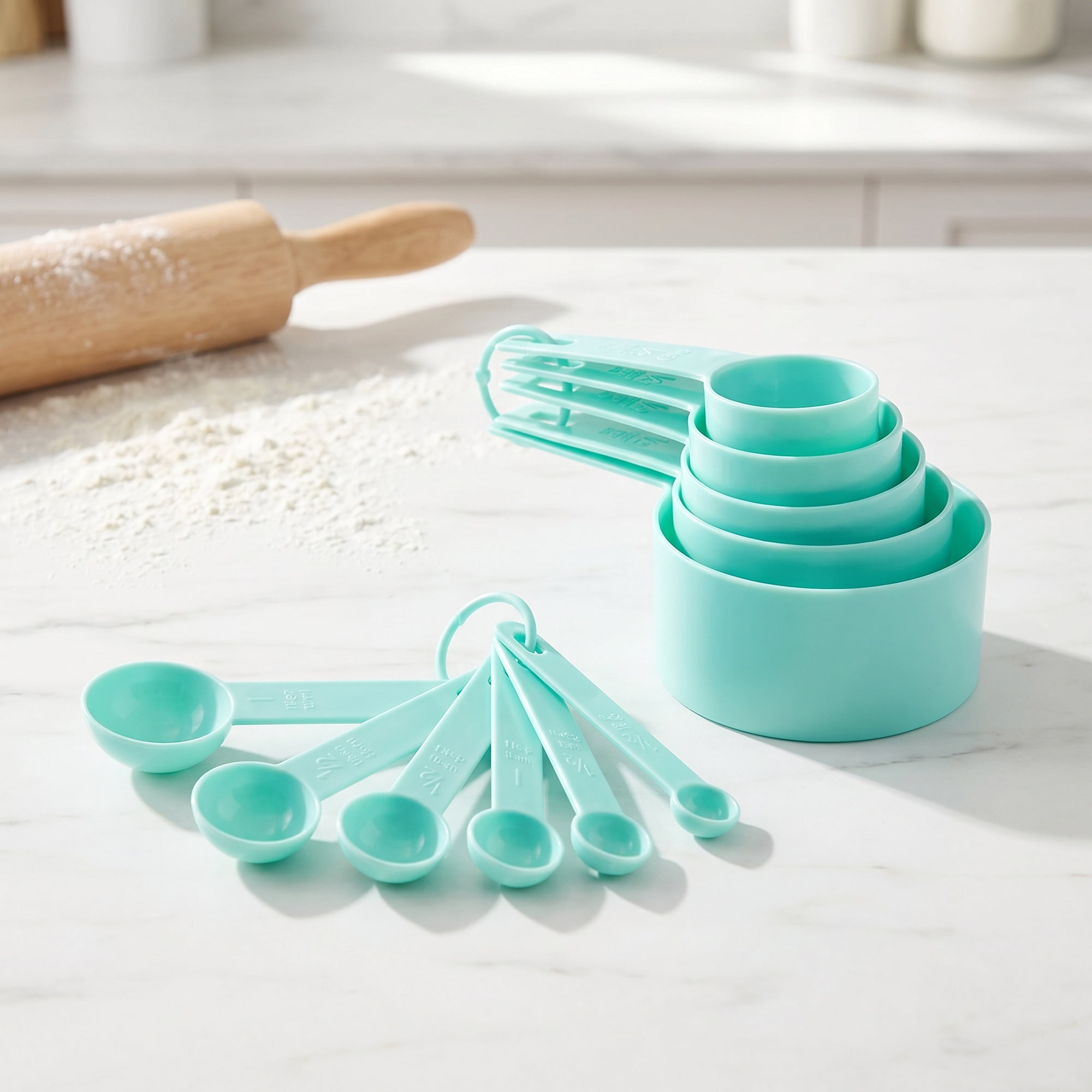 Unique Bargains Plastic Measuring Cups Spoons Set with Clear Markings Green 10Pcs