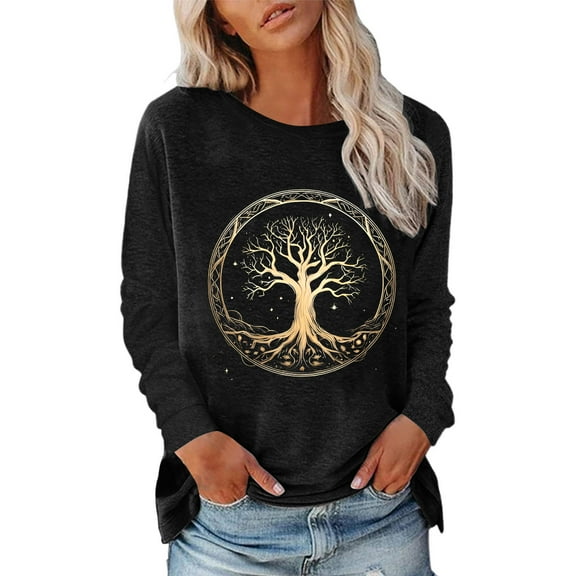 Sweatshirts for Women Graphic Crewneck Sweatshirt Fall Soft Cotton Blend Trendy Tree Printed Pullover Hoodie Womens Hoodie Black L