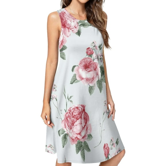 English Rose Spring Summer Dresses for Women Fashion T-shirt Dress Casual Sleeveless Loose Sundress with Pockets