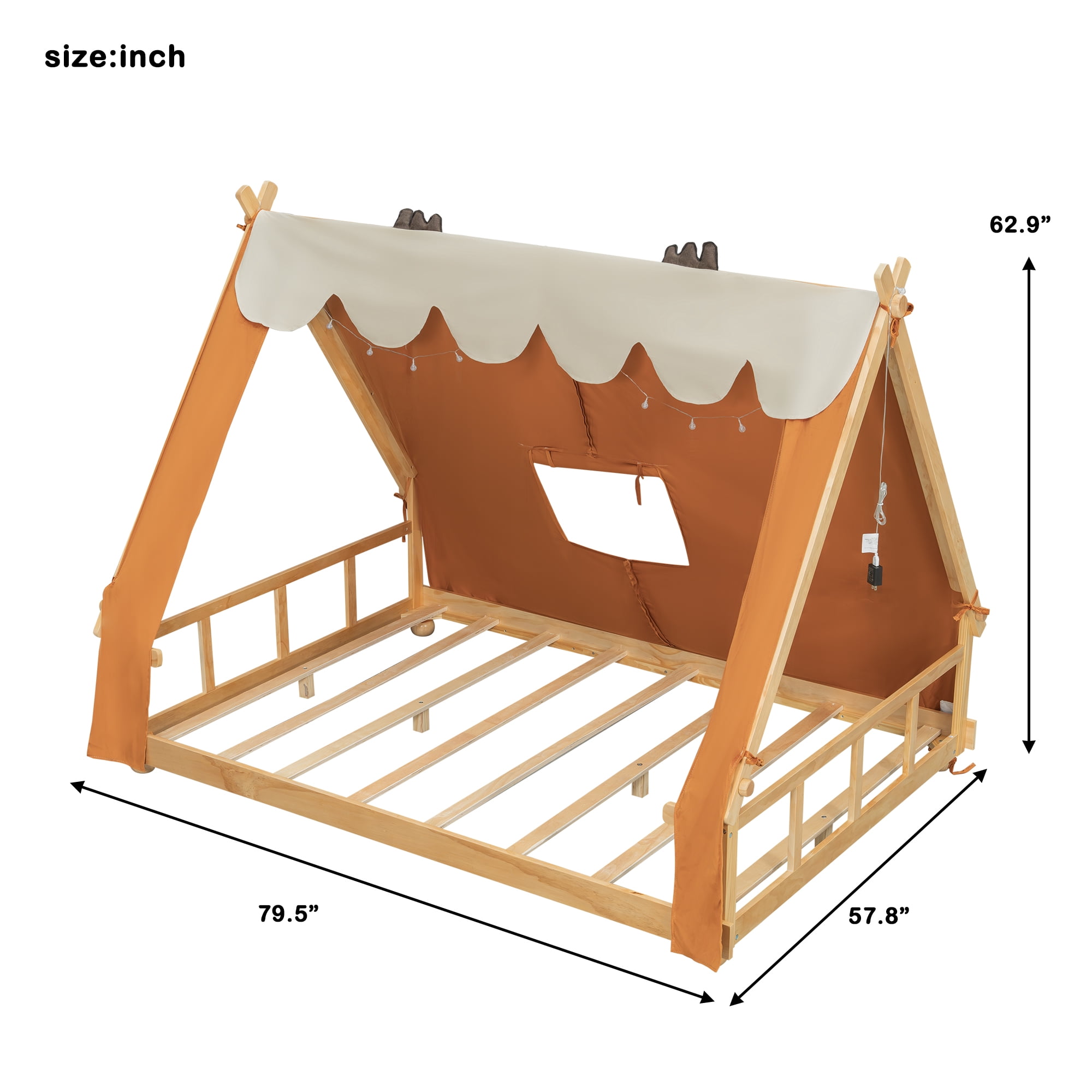 House Bed Full Size, Wooden Floor Bed Frame with Detachable Tent and Skylight Light, MDF+LVL Construction for Kids Bedroom and Playroom, Brown