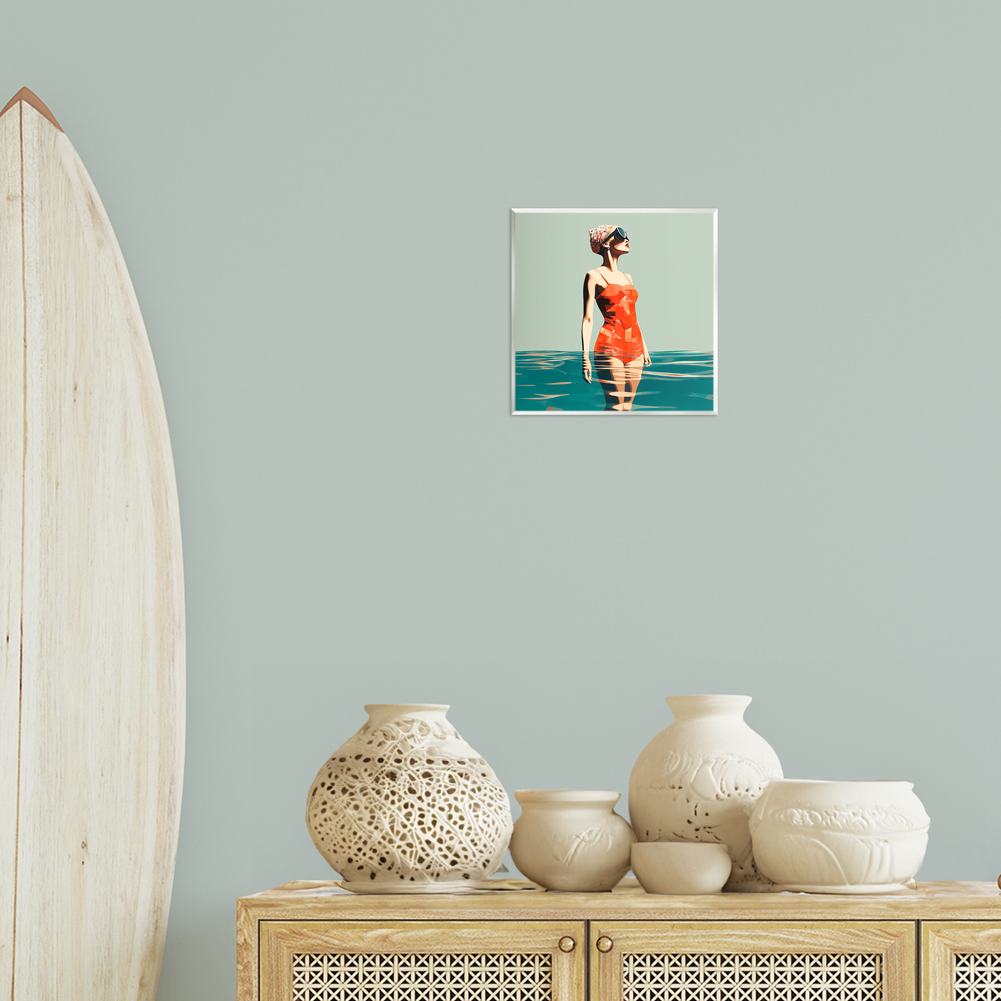 Stupell Industries Retro Woman in Swimsuit Novelty Painting Unframed Art Print Wall Art, 12 x 12