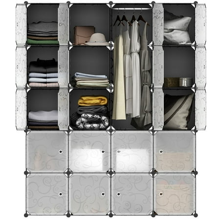 20 Cube Closet Organizers and Storage, Curly Patterned Black Interlocking Modular Closet Wardrobe Rack with Translucent White Doors for Home Clothes Shoes Toys