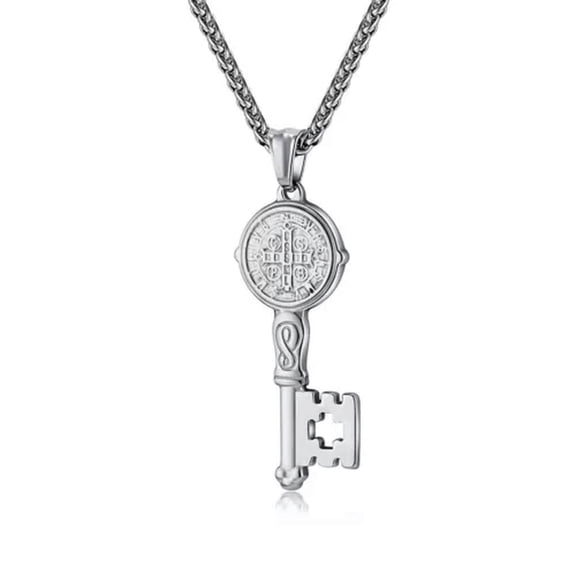 QQTDFG Saint Benedict Medal Key Necklace Stainless Steel Exorcism Pendant Chain Gift-Silver