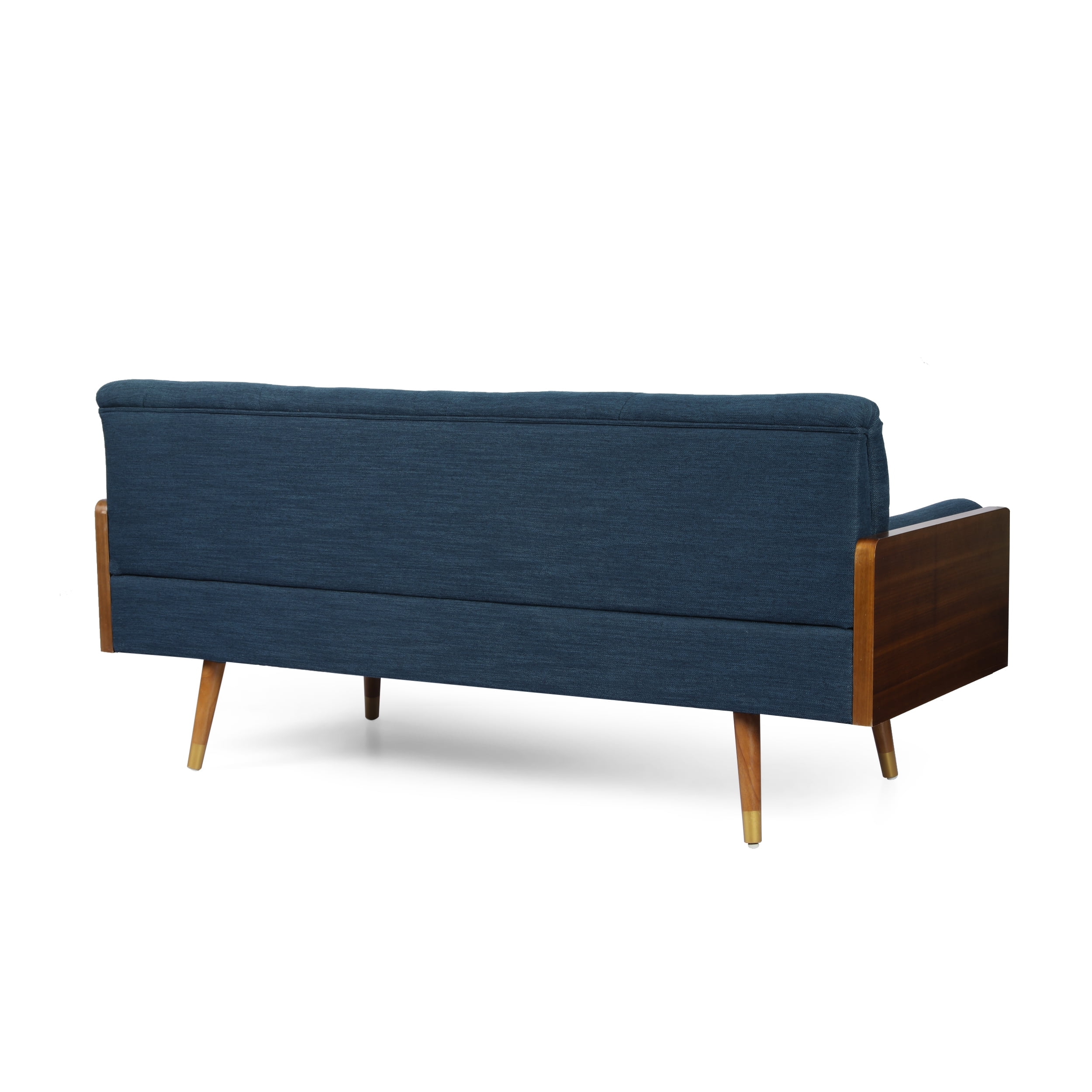 Noble House Nathanial Tufted Fabric Sofa, Navy Blue, Dark Walnut