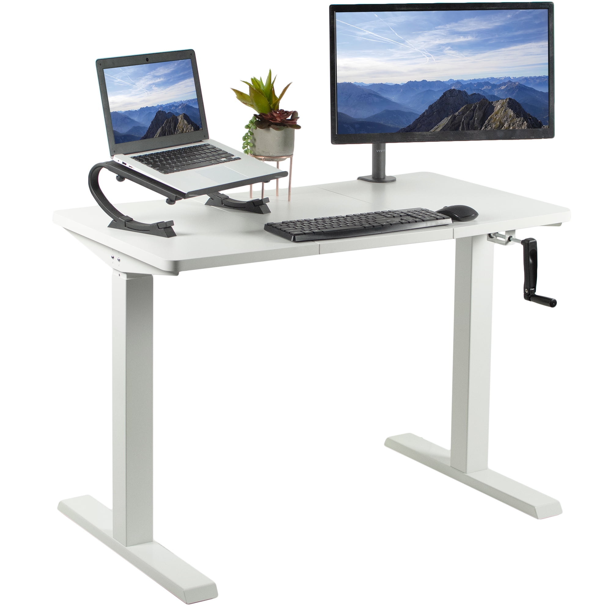 Vivo White Manual 43 X 24 Stand Up Desk 3 Section Table Top Hand Crank Walmart Com
