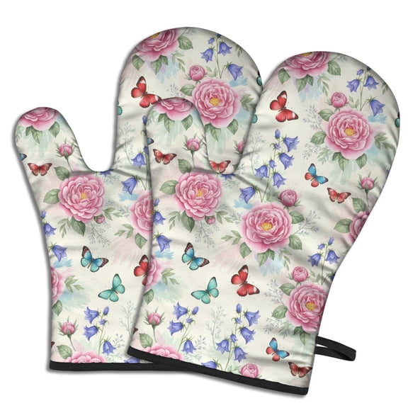 Pioneer Flower Floral Print Pattern Oven Mitt 2-Pack Set, Heat Resistant Kitchen Gloves, 7.7" X 12"