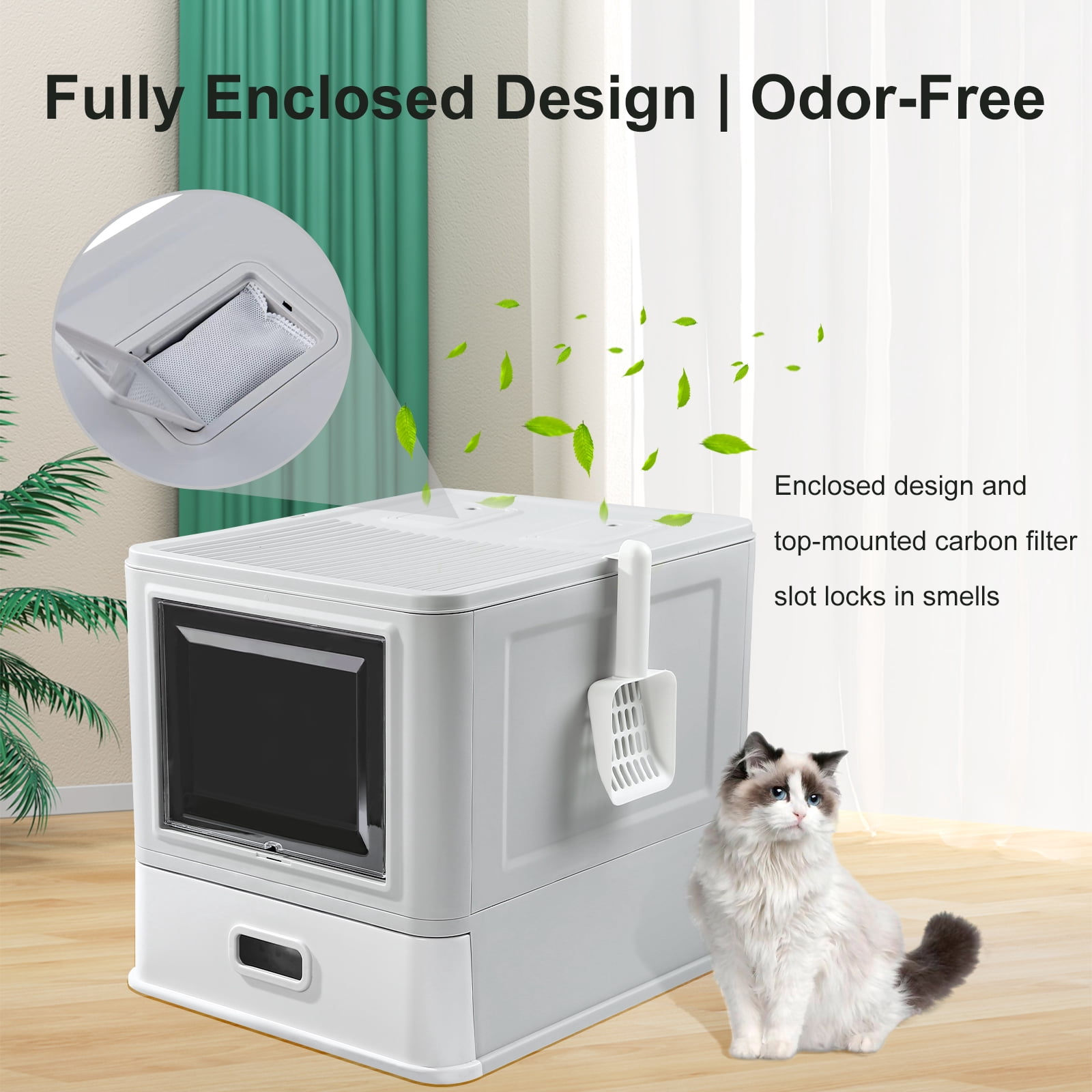 Marchul Enclosed Stainless Steel Cat Litter Box with Lid & Drawer, Anti-Leakage Baffle, Includes Scoop & Mat for Indoor Cats