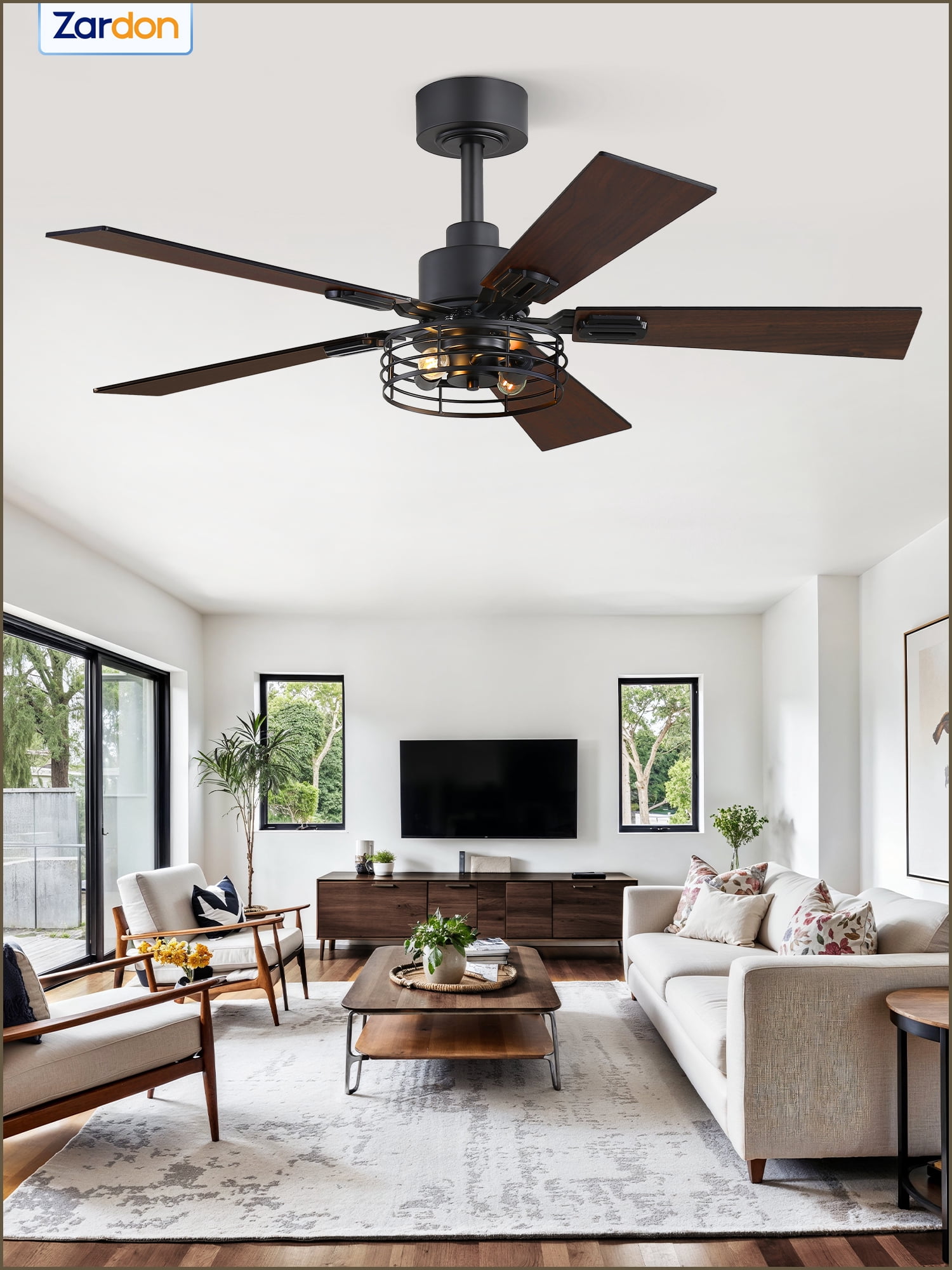 Zardon 42" Black Farmhouse Ceiling Fans with Light and Remote, Industrial Caged Fans with Quiet DC Motor, 6-Speed for Bedroom, Living Room, Indoor