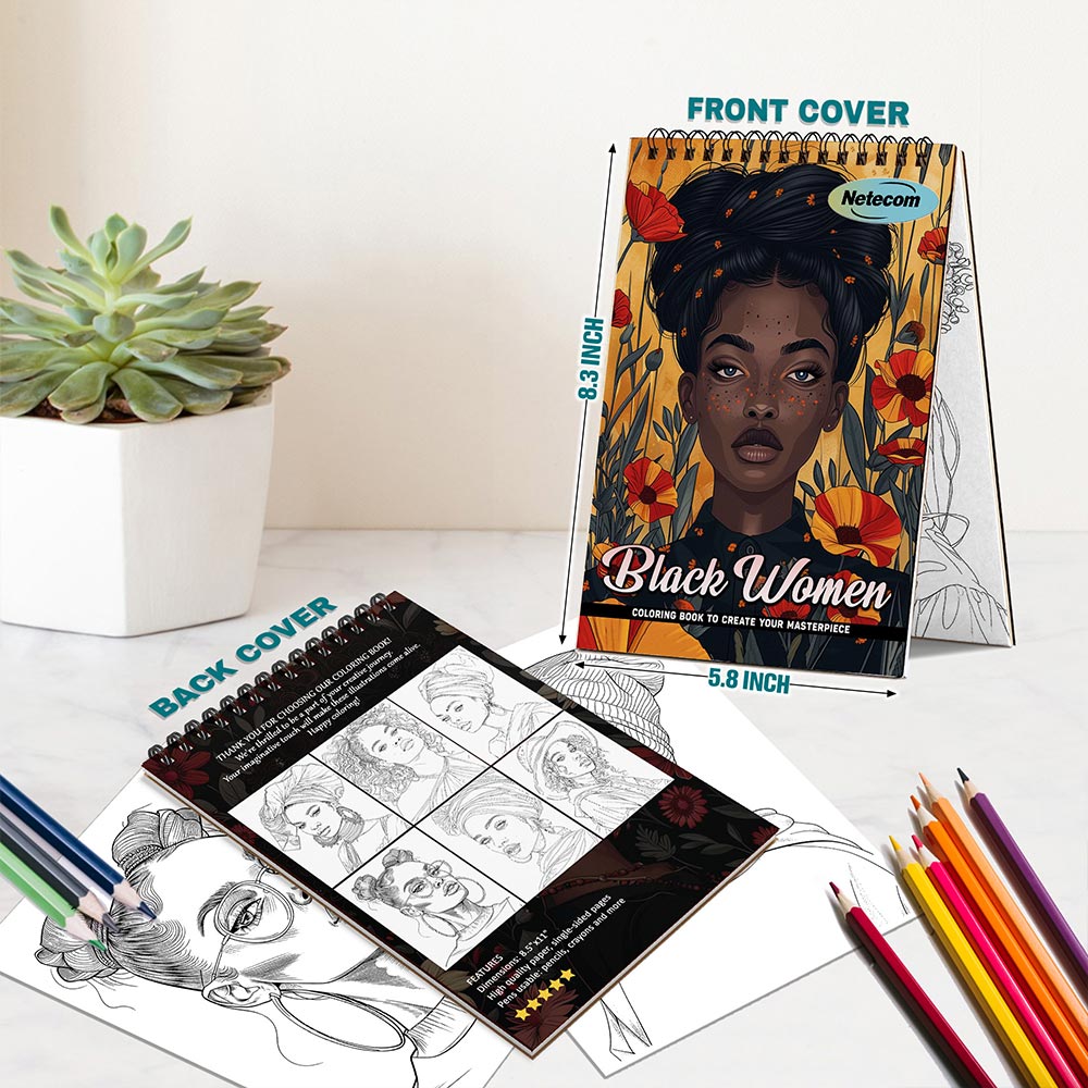 Black Women Coloring Book Spiral Bound For Adults, A5 Wooden Cover, 30 Coloring Pages of Beautiful Black Women, Natural Hairstyles, Afrocentric Fashion for Stress Relief and Relaxation