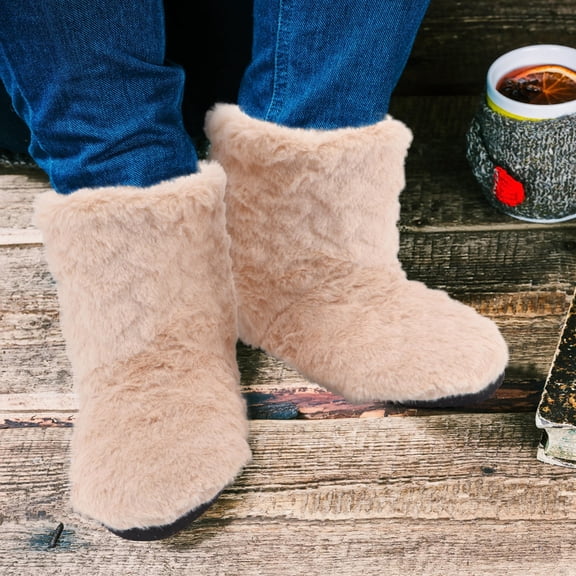 WRISTBIQUE 1 Pair Boot Slippers for Women Khaki Cotton Velvet Anti-slip Indoor Use