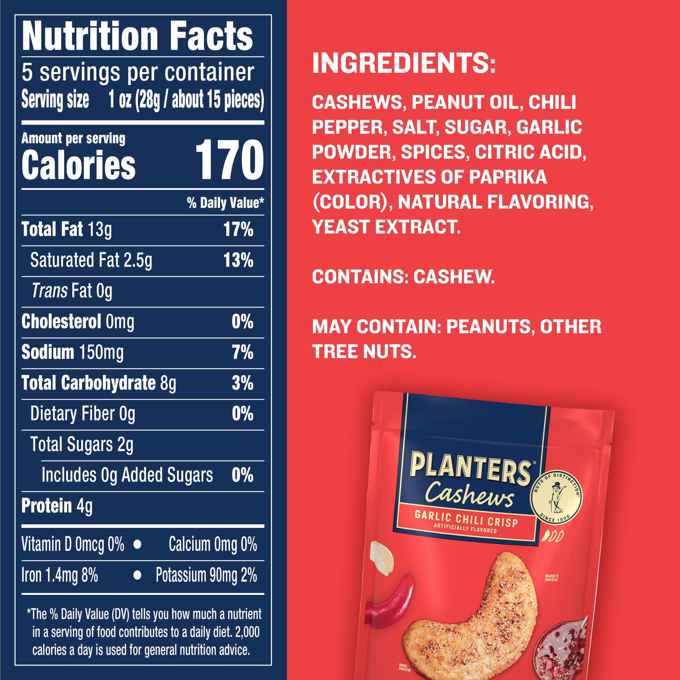(6 pack) PLANTERS Garlic Chili Crisp Flavored Cashews, 5 oz Resealable Bag