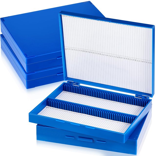4 Pcs Microscope Slide Storage Box, Plastic Microscope Glass Slide Holder with Latch Lock for 25mm × 75mm Microslide (100place,7.87 x 6.30 x 1.26 Inches,Blue)