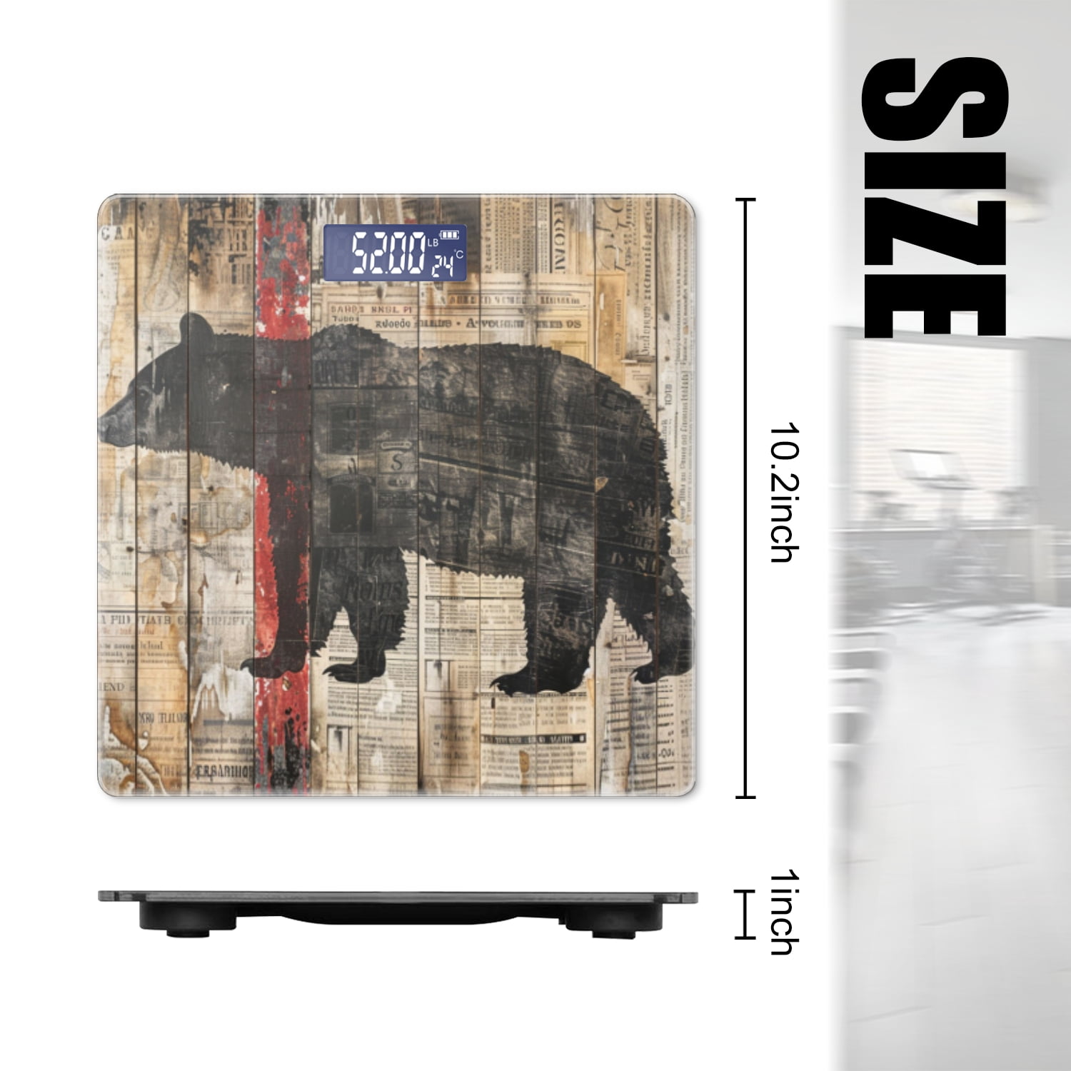High Precision Body Weight Scale Smart Bathroom Scales with Large LCD Display(400lbs),Decorative for Bedroom-Wall Art Print Of Old Newspaper With The Silhouette Of Bear