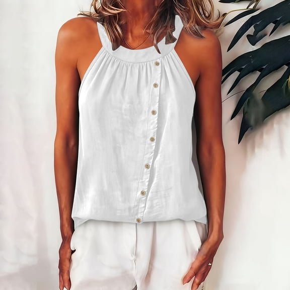 Yrmaups Plus Size Sleeveless Tank Top for Women, Casual Button Down Blouse, Lightweight Soft Stretch Top for Holiday Travel Office Daily Wear, White XL